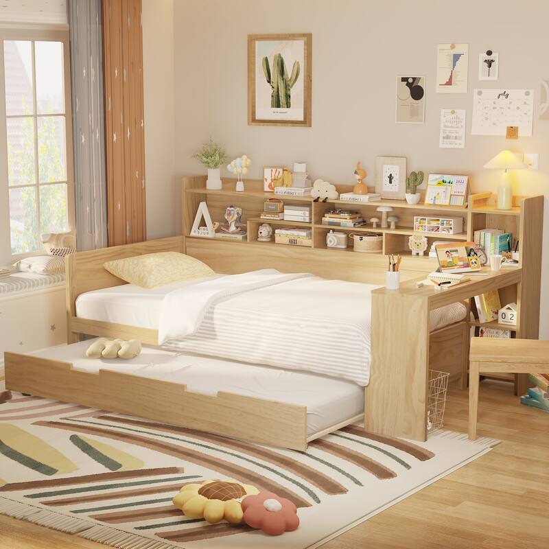 Wooden Twin Size Daybed with Storage Shelves, Multi-functional Bed with Twin Size Trundle Bed and Study Desk