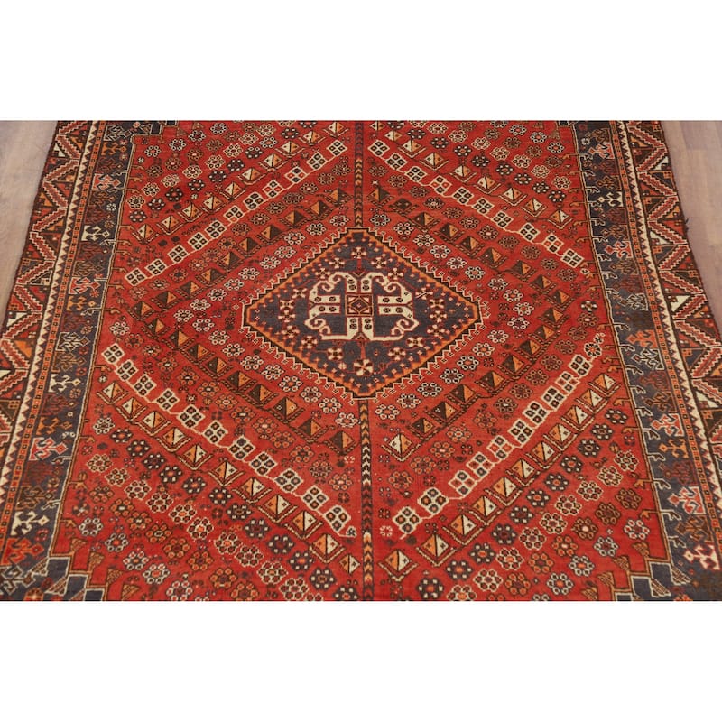 Hand Knotted Oriental 100% Wool Carpet Traditional Medallion Oranges & Rust Qashqai Area Rug - 8' 1'' X 5' 0''