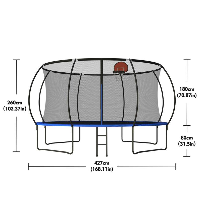 14 foot trampoline with safety fence - Outdoor backyard bouncing mat, including ladder and basketball board (including ball)