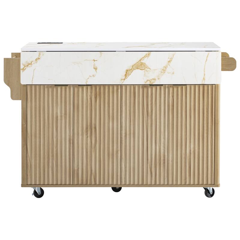 55.5" Fluted Kitchen Island with 2 Drop Leaf and Power Outlet