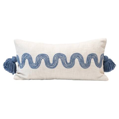 Cotton Lumbar Pillow with Embroidered Curved Pattern & Tassels, Cream Color & Blue