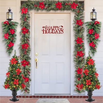 Glitzhome 4ft/5ft Pre-Lit Pine Artificial Christmas Potted Porch Trees with Warm White Lights and Poinsettia