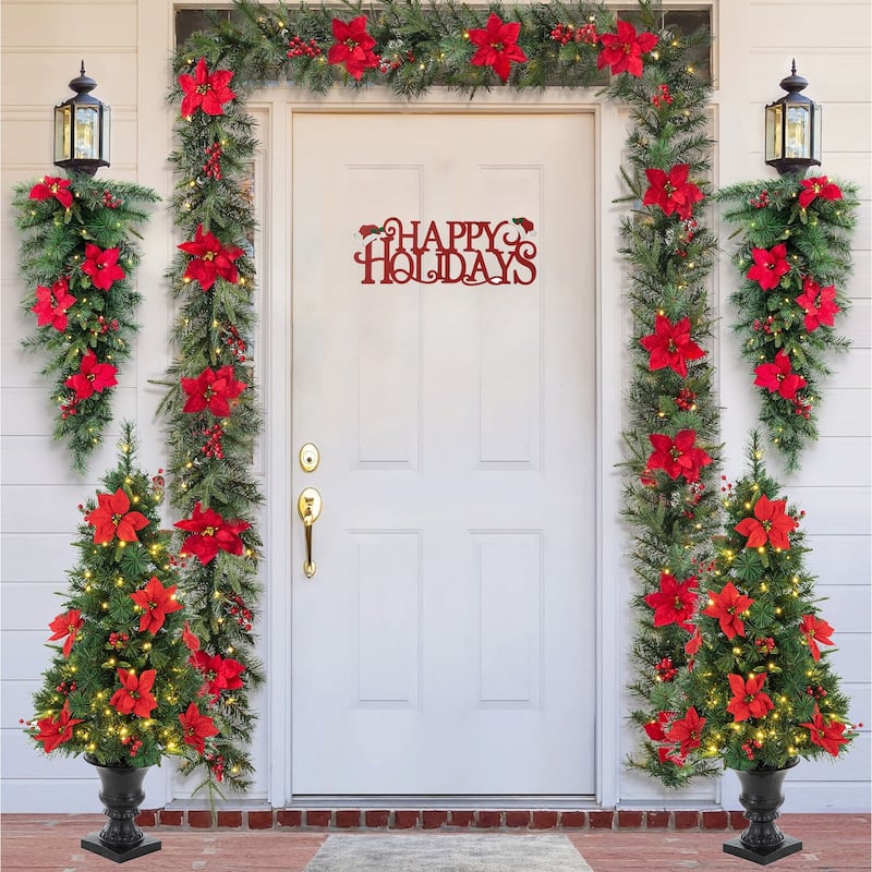 Glitzhome 4ft/5ft Pre-Lit Pine Artificial Christmas Potted Porch Trees with Warm White Lights and Poinsettia