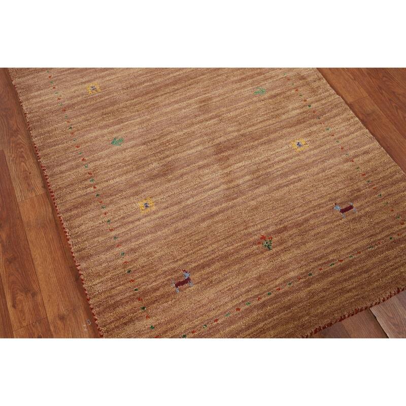 Brown Striped Gabbeh Indian Accent Rug Hand-Knotted Wool Carpet - 3'2" x 4'10"