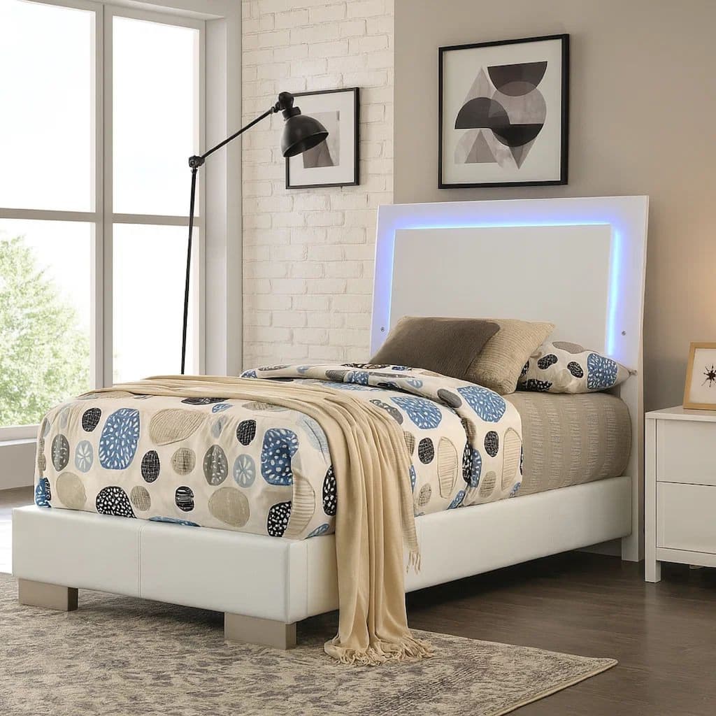 Sok Twin Panel Bed with LED Headboard, Low Profile Footboard, Glossy White