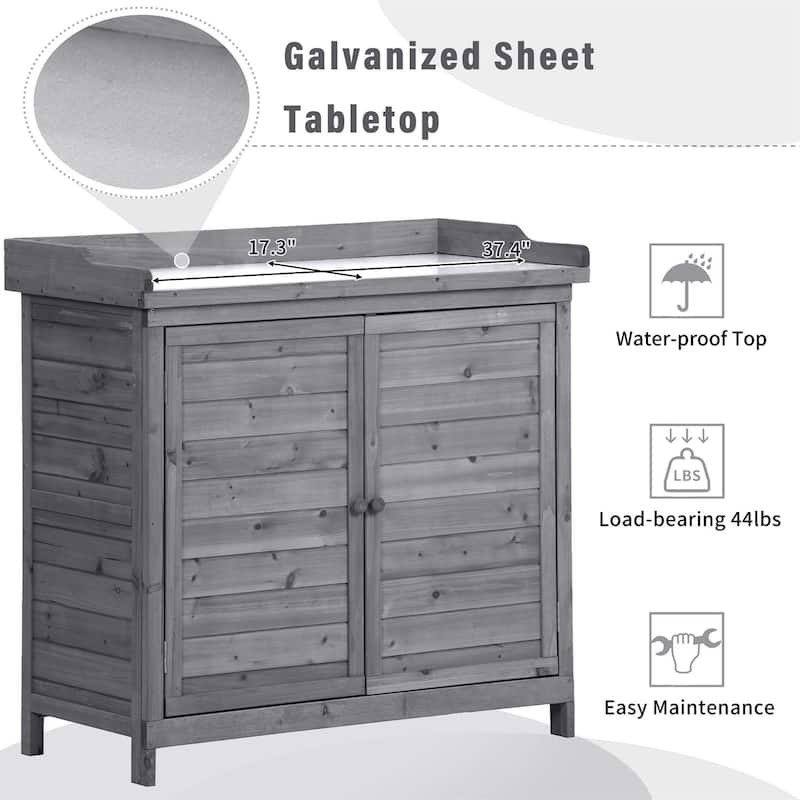 Outdoor Potting Bench Table Wood Workstation Storage Cabinet with Hook