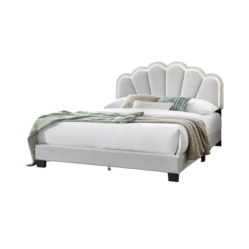 Queen Size Wool Upholstered Platform Bed with Floral Stitch Headboard and LED Lighting