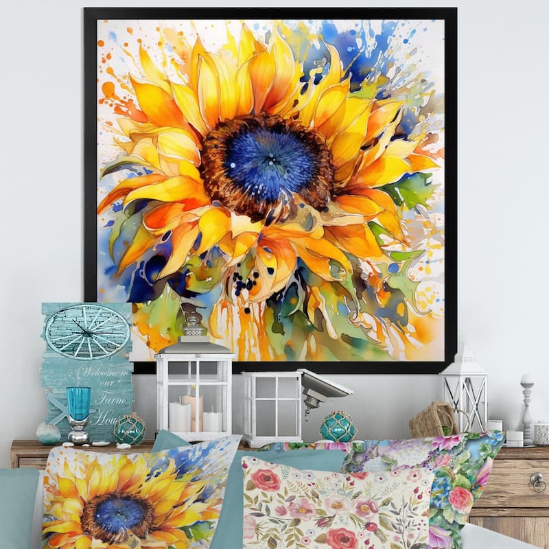 Designart "Yellow Blue Golden Cheerful Sunflowers" Sunflowers Framed Canvas Wall Art - Black - 30 in. wide x 30 in. high