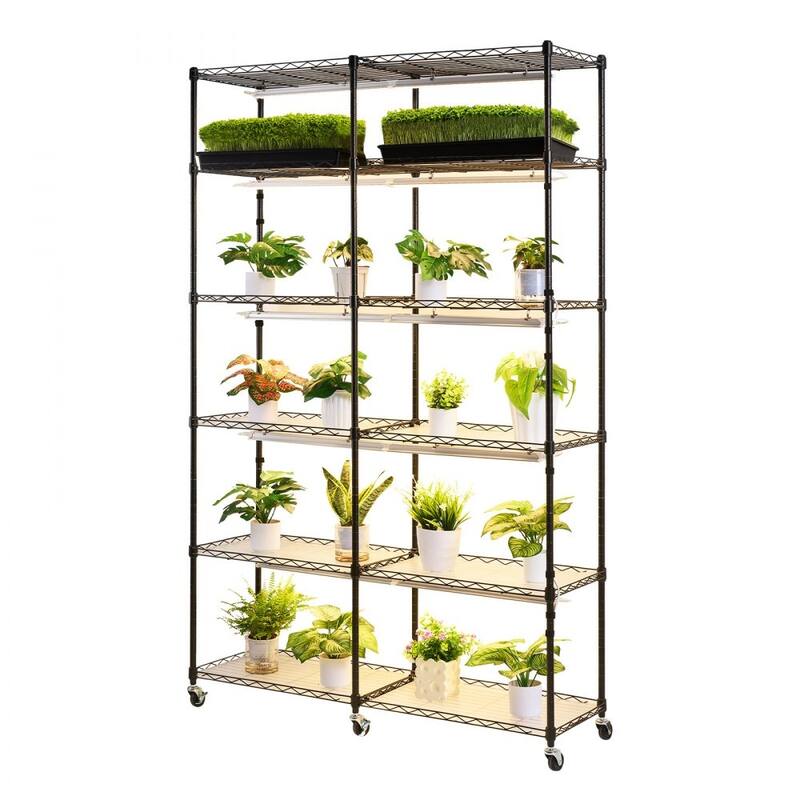 Black Metal 6-Tier Double-Row Plant Stand with 10 Warm LED Grow Lights and Timer - 47.24 x 13.78 x 70.87 in