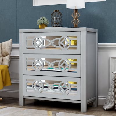 Wooden Storage Cabinet with 3 Drawers and Decorative Mirror