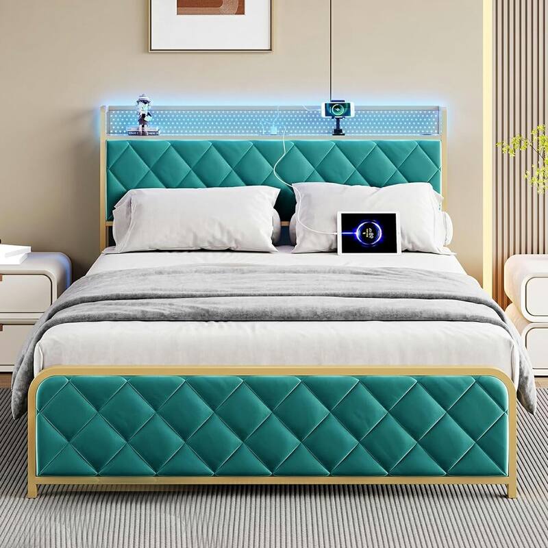 Velvet Upholstered Bed Frame with LED Light and Charging Station