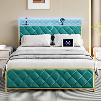 Velvet Upholstered Bed Frame with LED Light and Charging Station