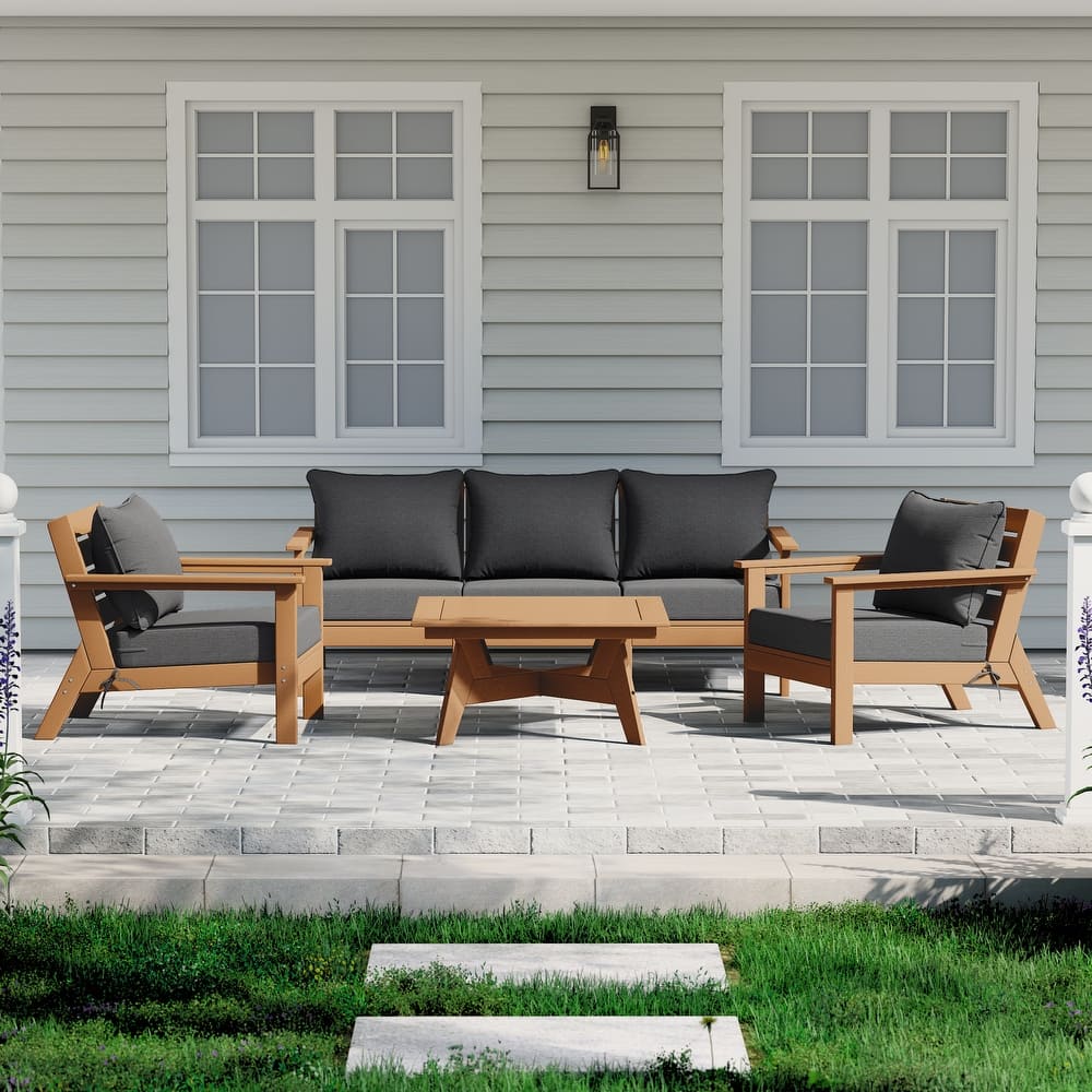 Birchwood All Weather HDPE Outdoor Patio Teak Deep Seating Conversation Set (6-Piece Set)