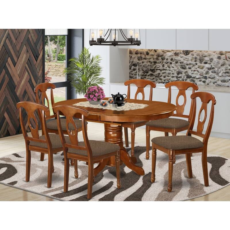 7-Piece Oval Saddle Brown Finish Solid Wood Top Dining Table with 6-Chairs with