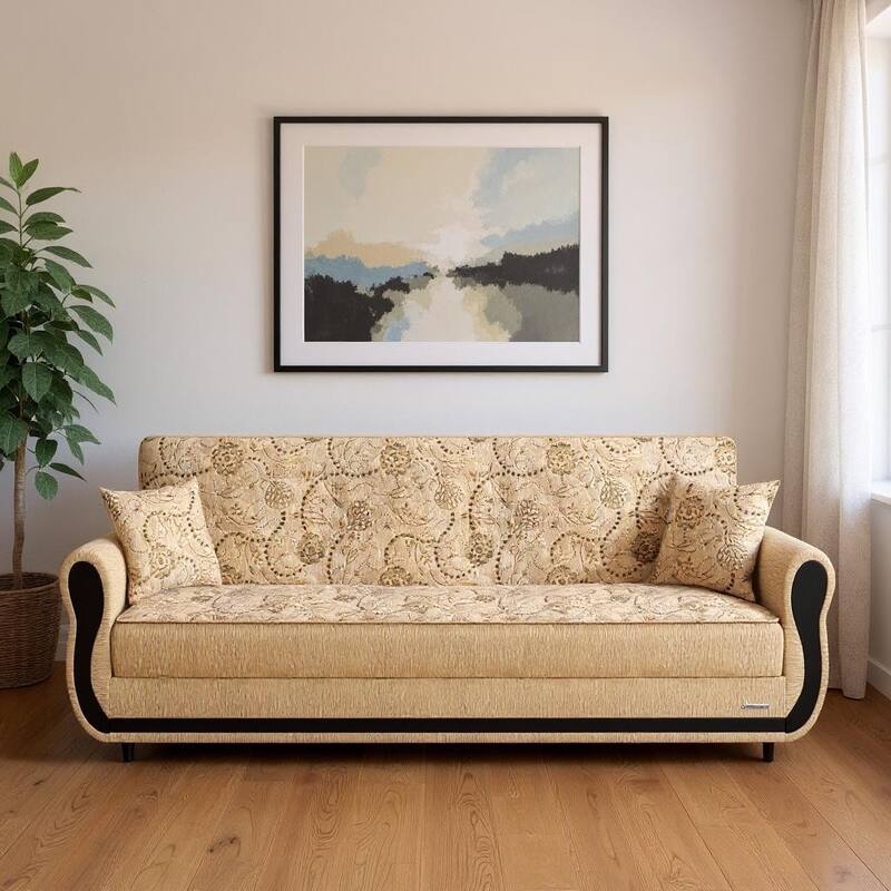 HomeRoots 90" Beige Chenille Convertible Futon Sleeper Sofa And Toss Pillows With Storage - Beige