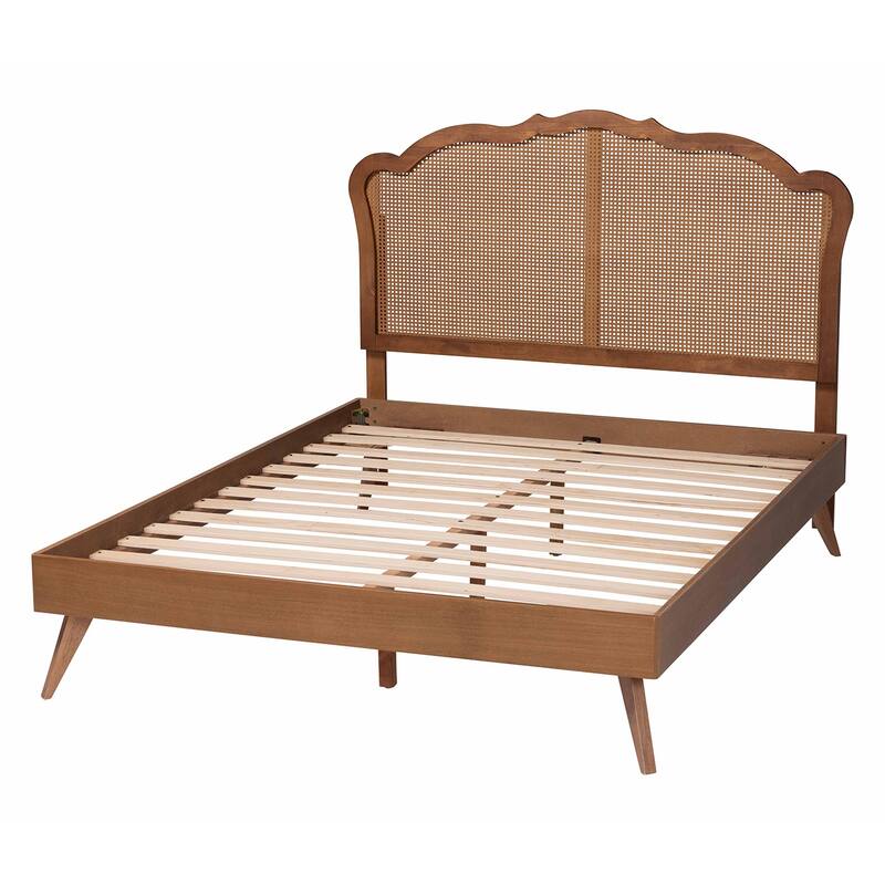 Aithan Mid-Century Walnut Brown Wood and Rattan Platform Bed
