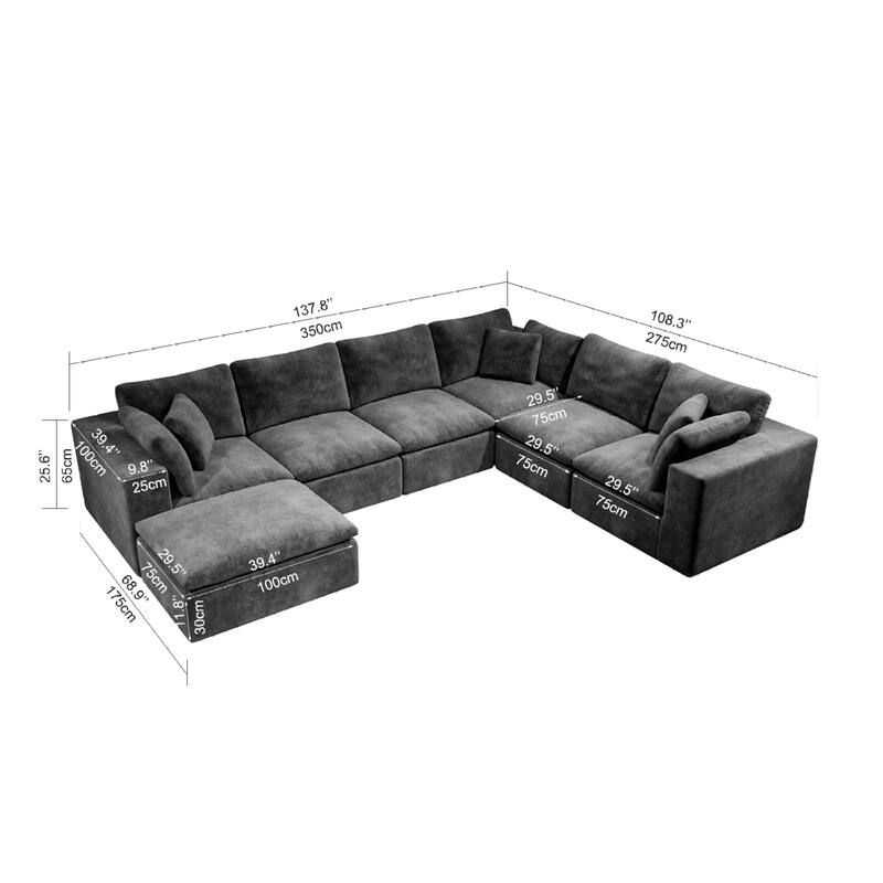 Roomfitters 137.8" Modular Sectional Sofa, 7-Piece Compressed Cloud Couch, No Assembly Required, Plush Corduroy, Grey
