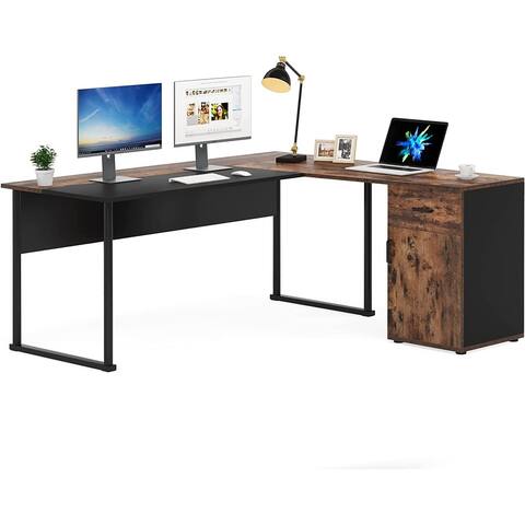 71" Industrial L Shaped Computer Desk with Splice Board, Large Office Corner Desk with Storage Drawer & Cabinet