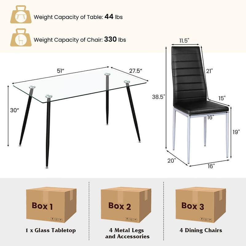 Gymax 5 PCS 51'' Rectangle Dining Set 0.3'' Thick Glass Table w/ 4