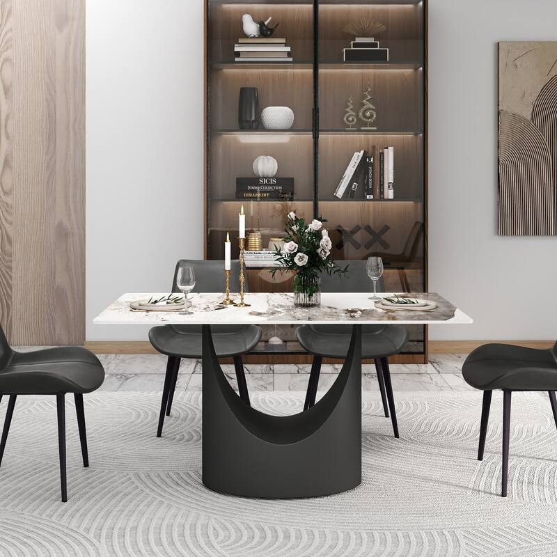 55 inch Dining Table for 4, Modern Sintered Stone Dining Room Table, Rectanglur Kitchen Table with Solid Carbon Steel Base