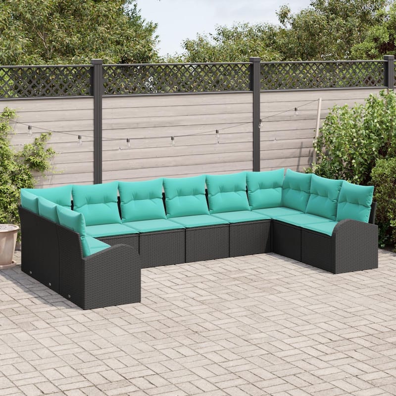 vidaXL 11 Garden Sofa Set with Cushions Black Poly Rattan - 135.4 x 70.5 x 27.2