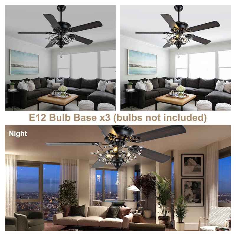 Bella Depot 52-inch Modern Crystal Ceiling Fan with Light Kit and Remote, 6-Speed Reversible Fandelier - 52"
