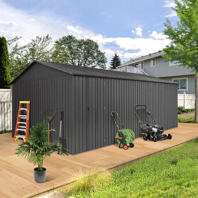 Domi 12x15FT Outdoor Metal Garage Shed,Extra Large Metal Carport with Lockable Double Doors,Heavy Duty Car Shelter,Dark Grey