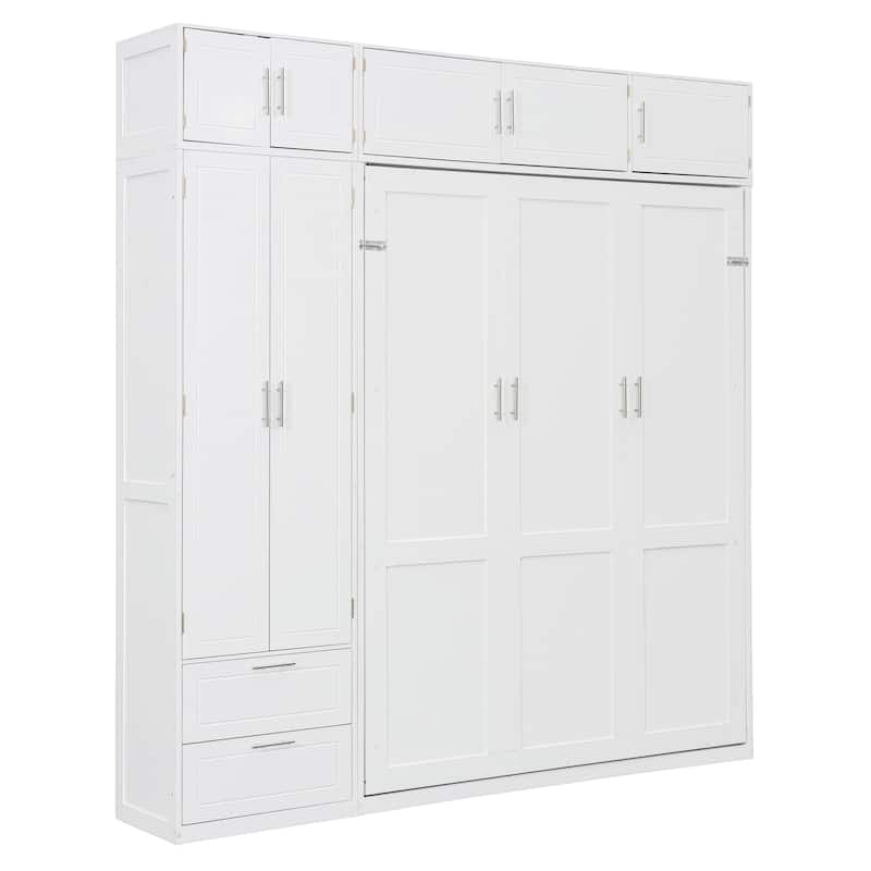 Queen Size Wall Murphy Bed with Top Cabinet, Shelves, and Side Wardrobe - White - Queen