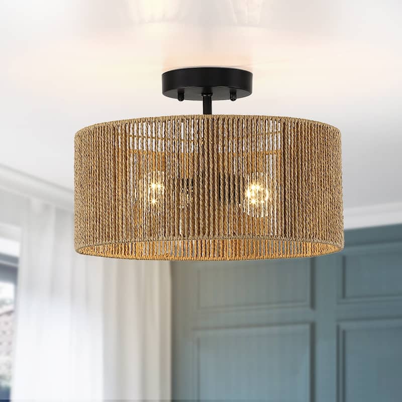 Dorn 2-Light Woven Rope Drum Semi-Flush Mount Ceiling Light - 14"W