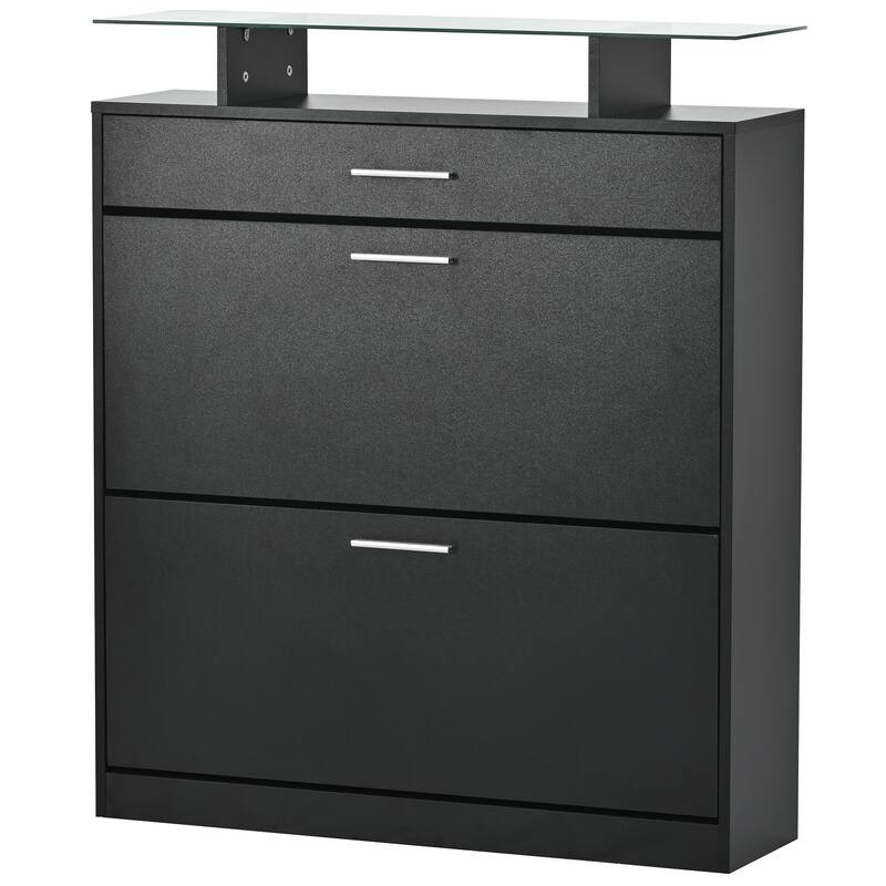 Contemporary Shoe Rack Storage Cabinet with Adjustable Shelves, Tempered Glass Top and LED Lighting, for Hallway Organize