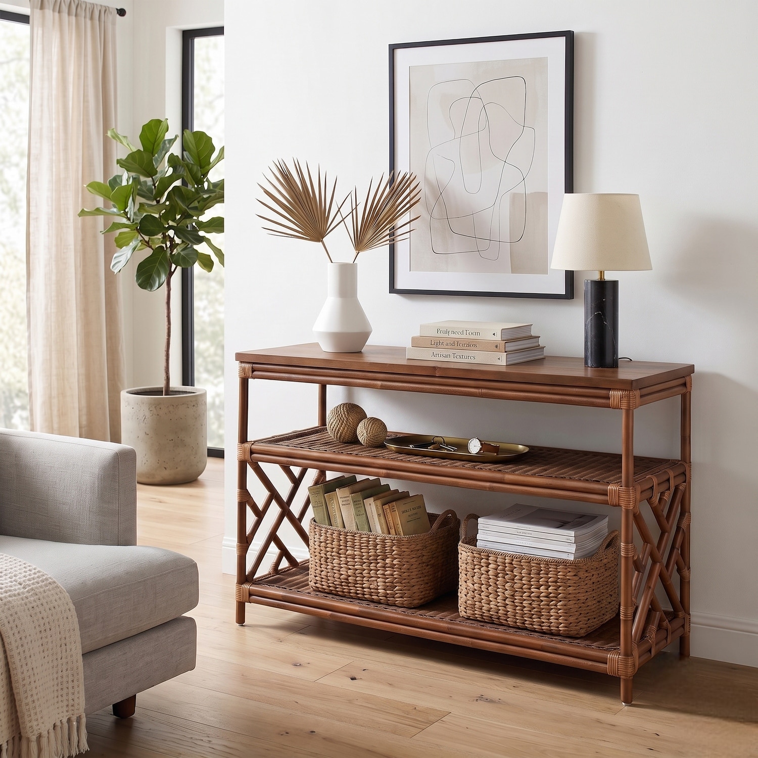 NPD Furniture Sorea Console - Rattan Base - Wood Top