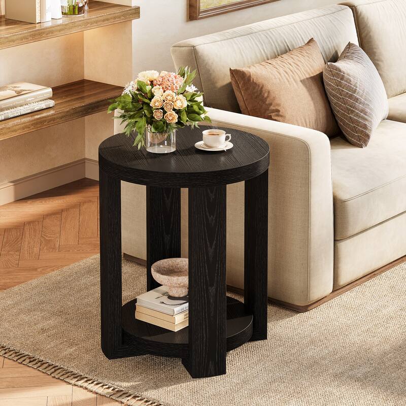 Round End,Side Table with Lower Shelf, Bedside Accent Furniture