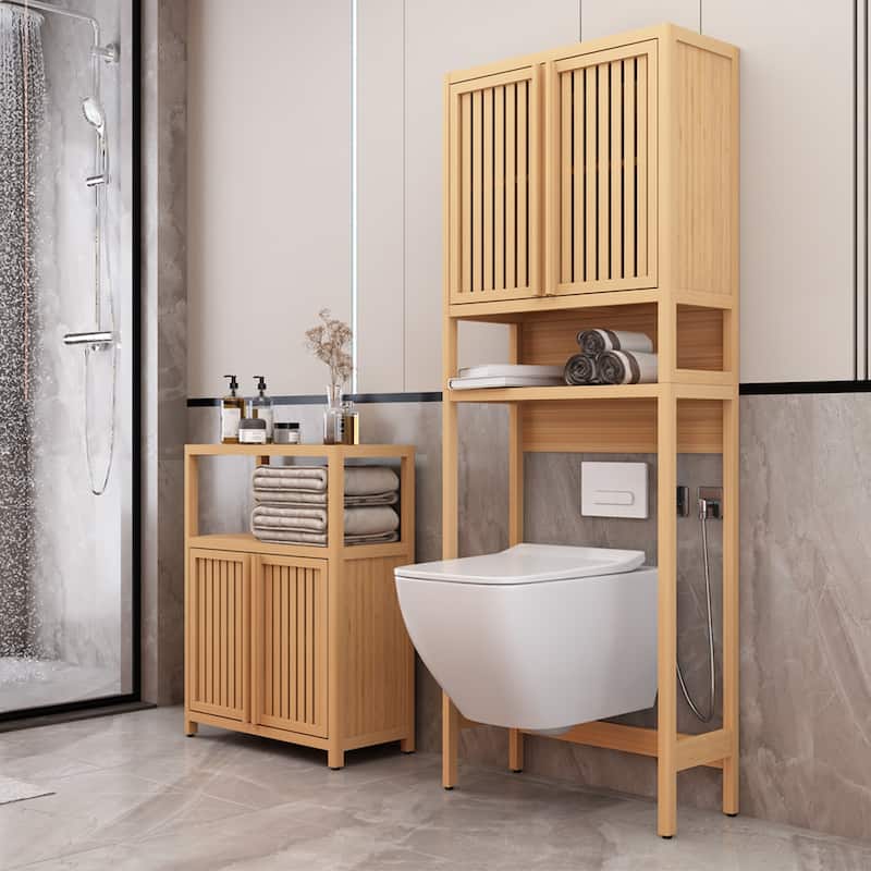 Sofucor Bamboo Over The Toilet Storage Cabinet&Bathroom Organizer,2 Doors and Open Storage Shelf,Space-Saving Bathroom Organizer