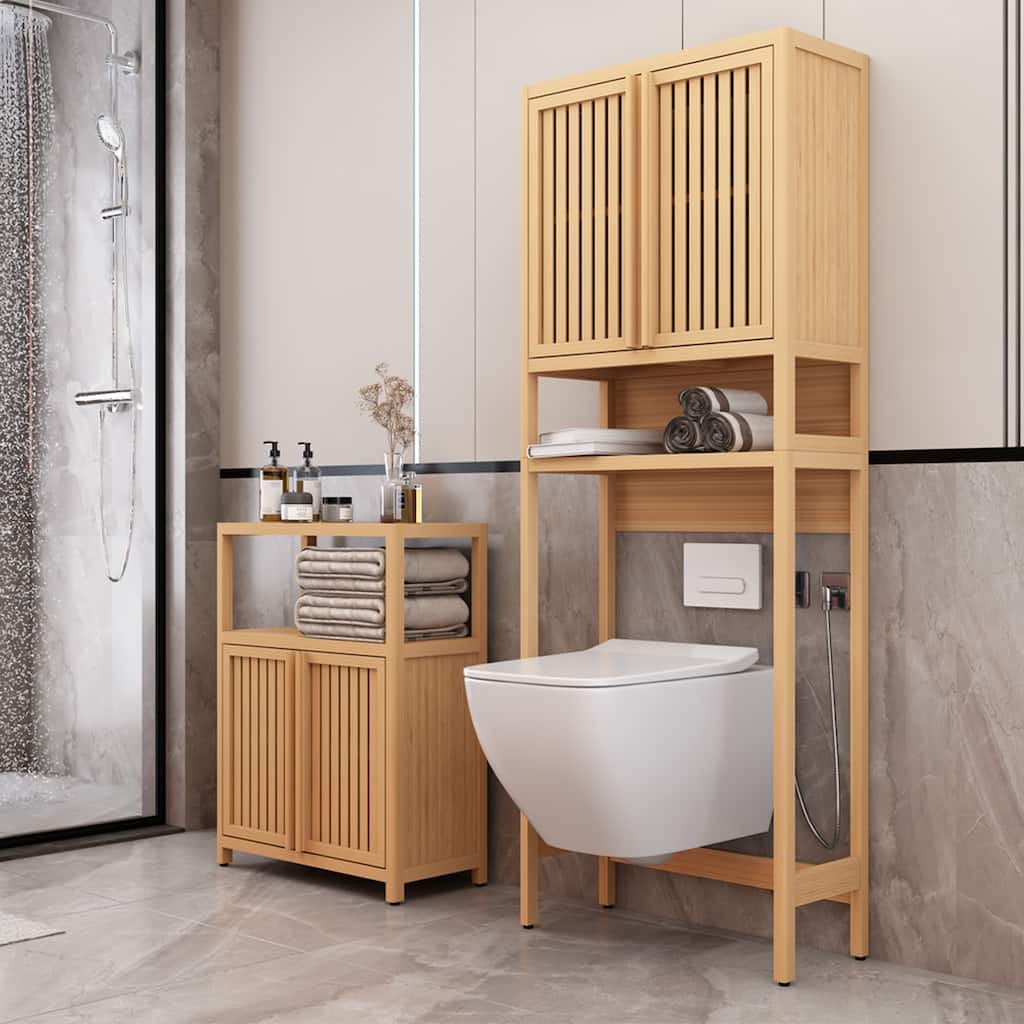 Sofucor Bamboo Over The Toilet Storage Cabinet&Bathroom Organizer,2 Doors and Open Storage Shelf,Space-Saving Bathroom Organizer