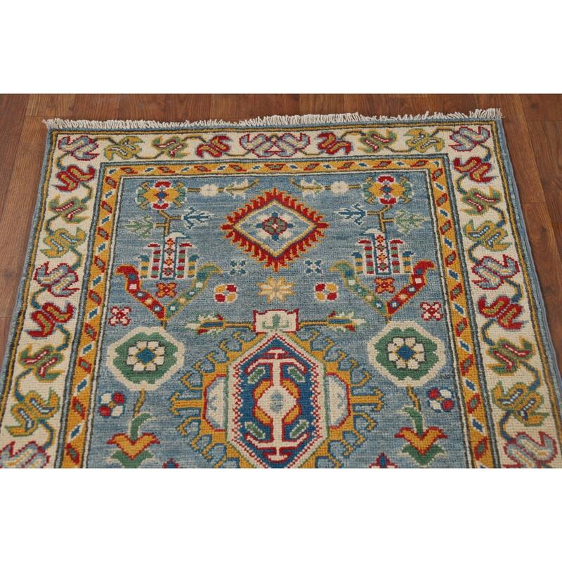 Light Blue Geometric Kazak Runner Rug Hand-Knotted Wool Carpet - 2'8" x 9'6"