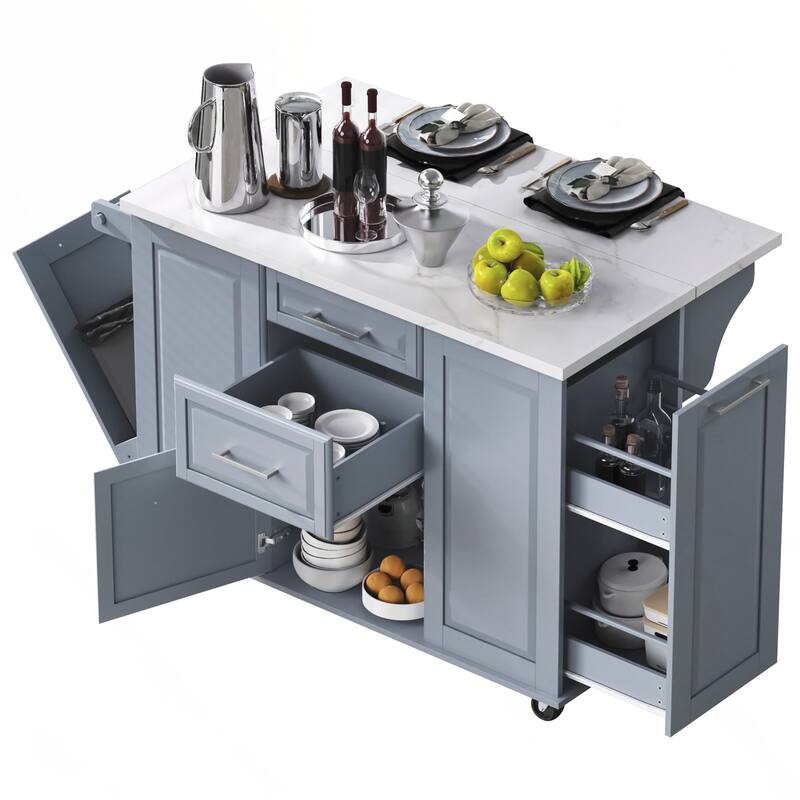 Kitchen Island with Storage Tilt Trash Can Cabinet and Pull Out Cabinet Organizer