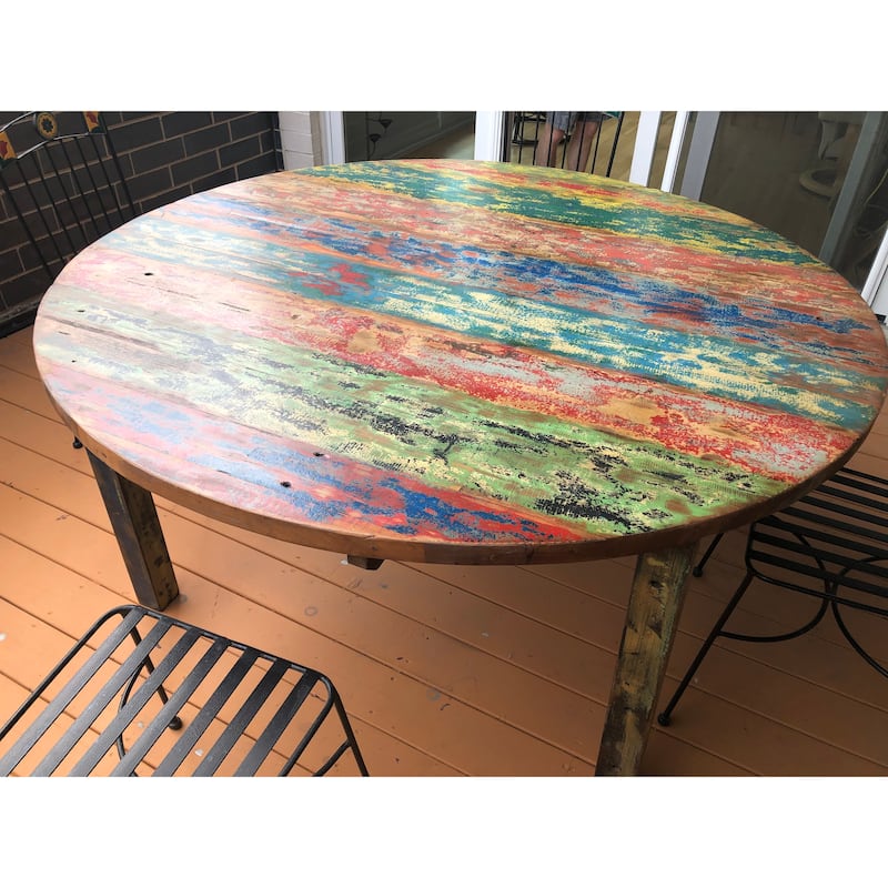 Chic Teak Round Dining Table made from Recycled Teak Wood Boats, 55 inch - Multi