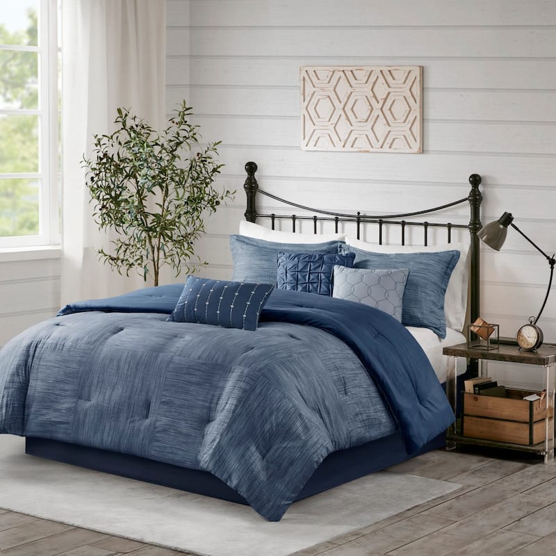 GDF Studio - Printed Seersucker Comforter Set with Decorative Pillows - Navy