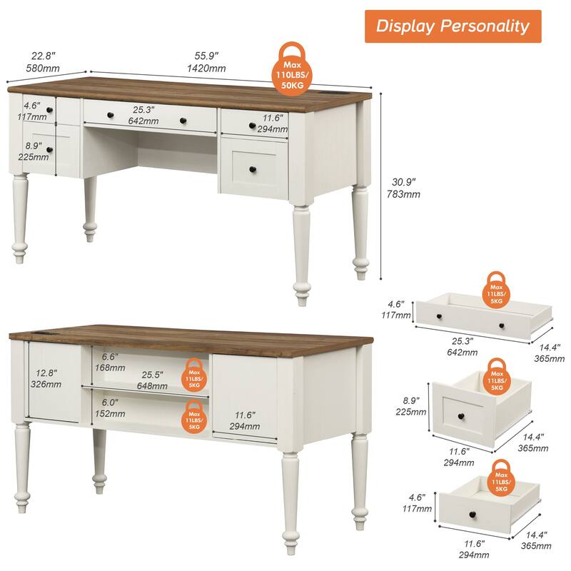 56'' Farmhouse Executive Desk with Drawers White/Oak - 5 Drawers and 2 Doors