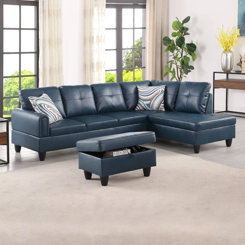 Denim Blue Faux Leather Living Room Ottoman Footstool