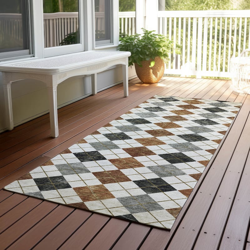 Machine Washable Indoor/ Outdoor Modern Argyle Chantille Rug - Terracotta - 2'3" x 7'6"