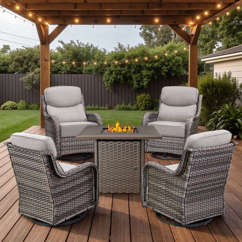 Arcadia 5-Piece Patio Conversation Set with 4 Swivel Glider Chairs and Wicker Square Fire Pit