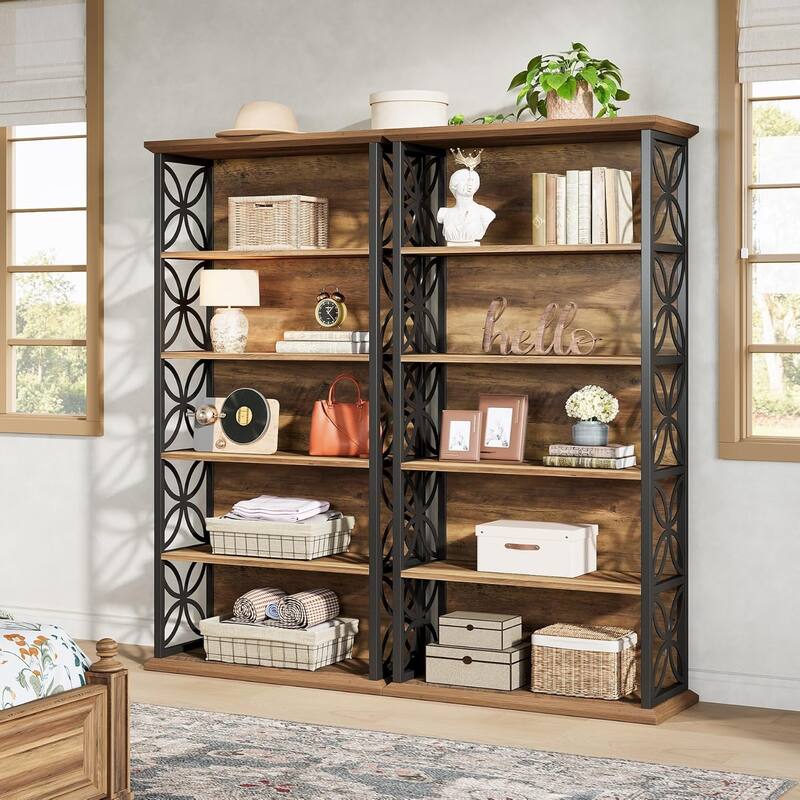 71 Inches Industrial Bookcase with Metal Frame - 2PCS - Ash Grey/White