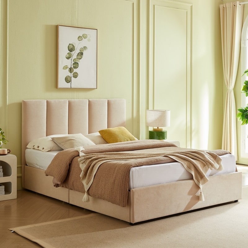 Plywood Frame Platform Bed with Storage Drawers - Beige - King