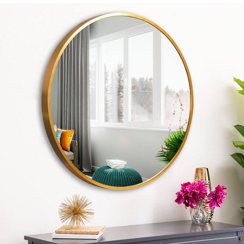 Classic Round Accent Bathroom Mirror Metal Frame Hanging Wall Mounted Circle Mirror for Wall Decor Vanity Entryway Living Room