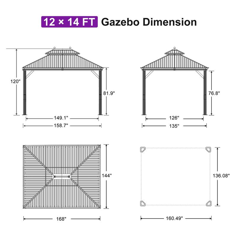 PURPLE LEAF Outdoor Gazebo Aluminum Frame Galvanized Steel Hardtop Gazebo with Bulbs