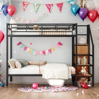 Modern Twin Over Twin Metal Bunk Bed With Lateral Storage Ladder and Wardrobe for Bedroom