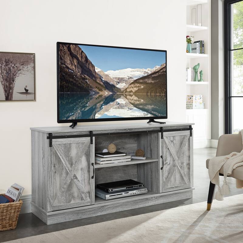 Farmhouse Rustic Wooden 60" TV Stand with Storage Console Cabinet, Sliding Barn Doors Entertainment Center