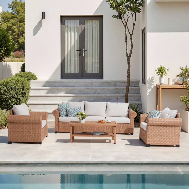 Outdoor 4-Piece Garden Patio Sofa Set, with Three-Seater Sofa - Beige