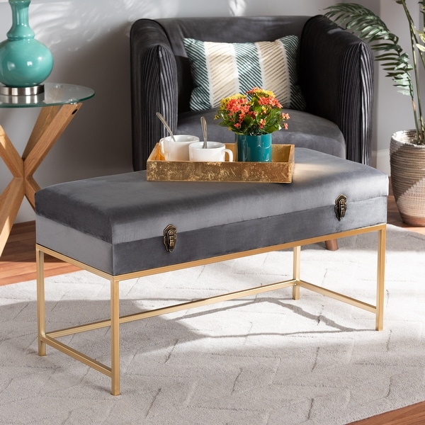 Aliana Glam and Luxe Velvet and Gold Metal Large Storage Ottoman